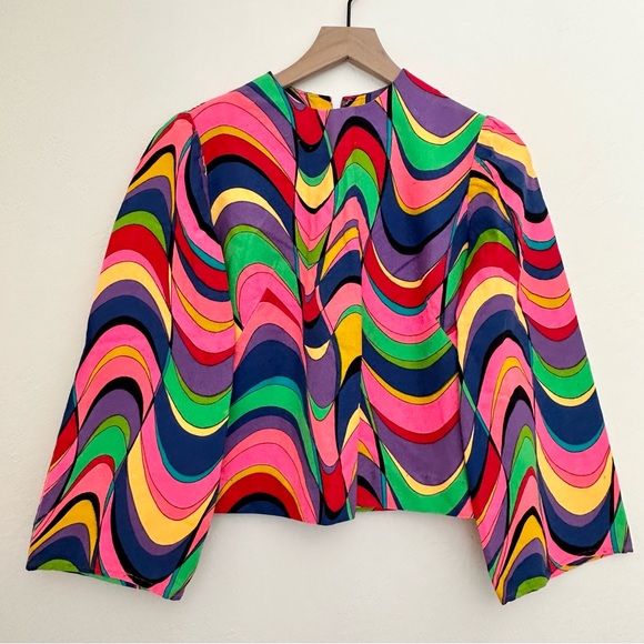 Vintage 60s Floral Top Psychedelic Bright Mod Boho Long Sleeve Blouse Small - Picture 1 of 14